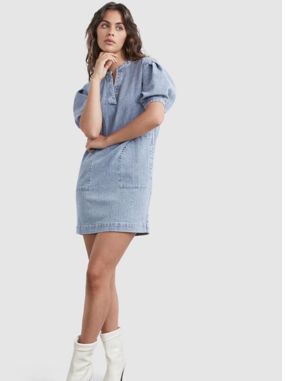 French Connection Light Wash Denim Puff-Sleeve Mini Dress